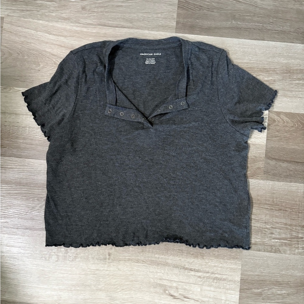 American Eagle Outfitters Charcoal Ribbed Short Sleeve Henley Top